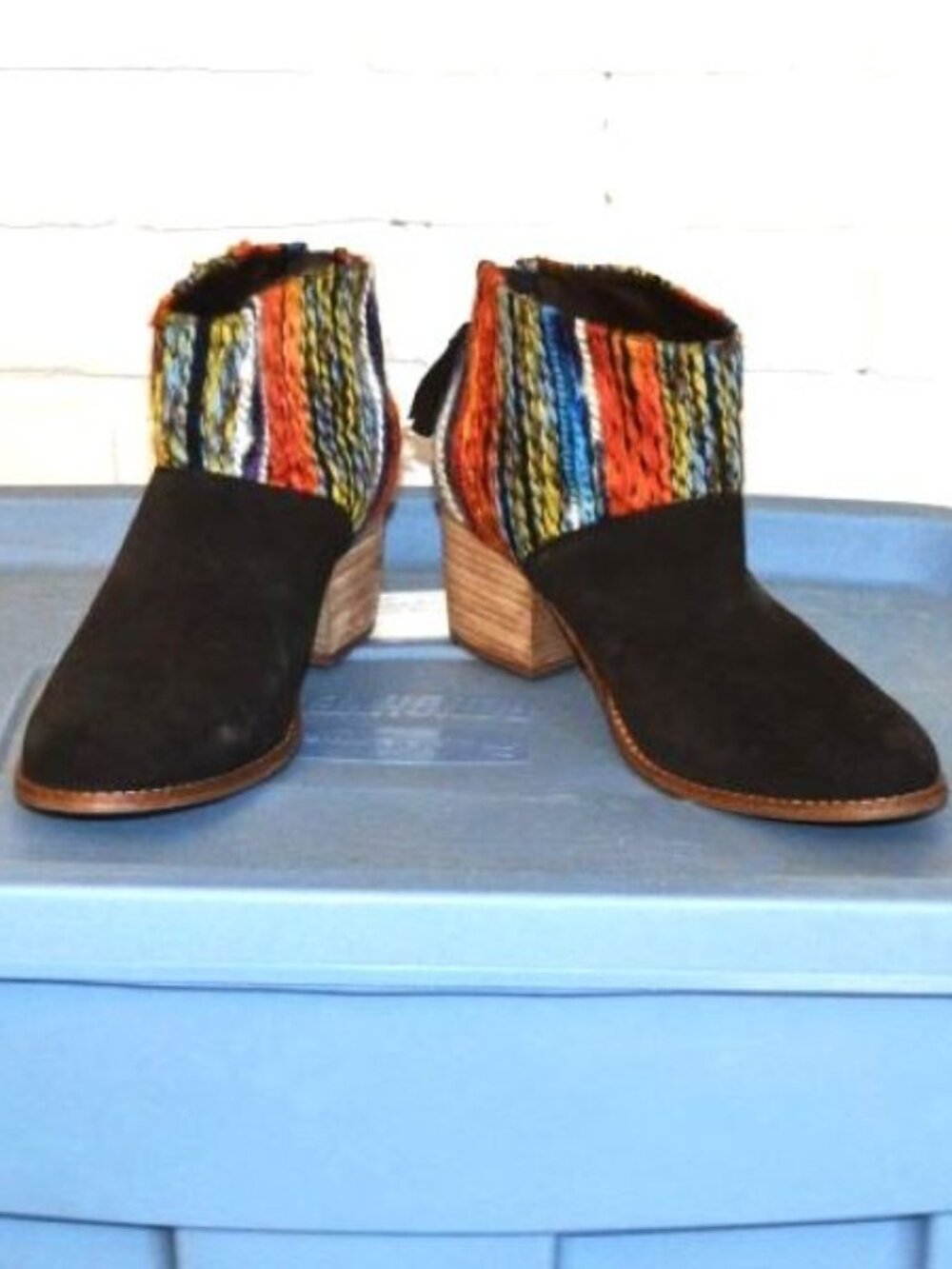 Leila Ankle Boots - Brown Suede with colorful yarn - Size 8.5 - Brand is TOMS